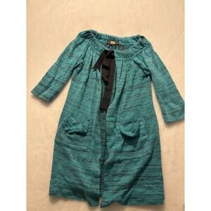 Eva Franco Teal Black Marled Knit Cardigan Sweater Tie Neck Pockets Size 6